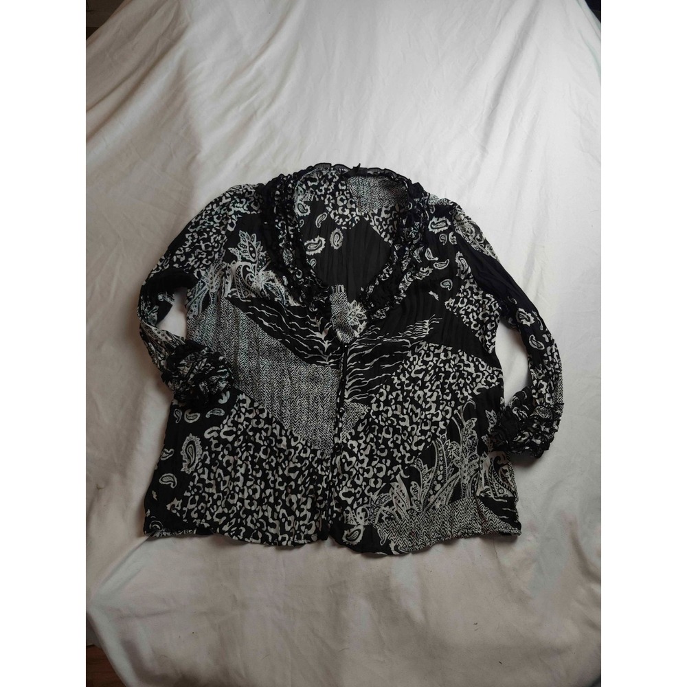 New‎ Directions Blouse Top Womens PM Black Mix Prints Long Sleeve Button Front
